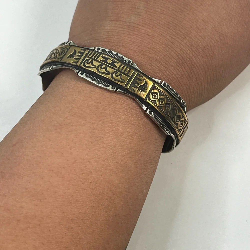 Vintage Sterling Silver Storyteller Style Bracelet With Brass‎ Overlay